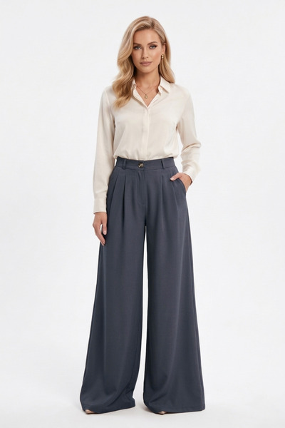 LEY COLLECTİON Γυναικείο παντελόνι με φαρδιά μπατζάκια, διπλό πλισέ και ελαστ...