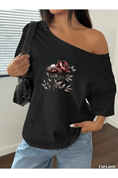 FUFLUNS ΓΥΝΑΙΚΕΙΟ OVERSIZE T-SHIRT ΜΕ ΣΤΑΜΠΑ ΛΟΥΛΟΥΔΙΩΝ ΚΑΙ ΜΙΚΡΩΝ ΠΕΤΑΛΟΥΔΩΝ...