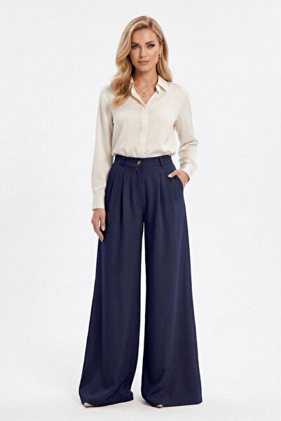 LEY COLLECTİON Γυναικείο παντελόνι με φαρδιά μπατζάκια, διπλό πλισέ και ελαστ...