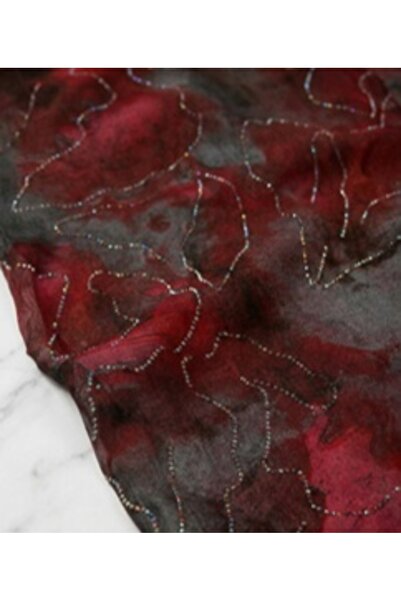 METERİAL قماش شيفون أحمر داكن ورمادي بنمط تجريدي مع خرز لامع - قطعة 3.25 متر