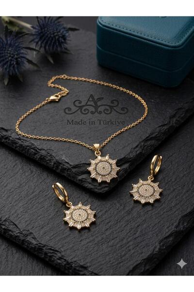 naturel glow Handmade Zircon Stone Inlaid Sun-Shaped Bronze Earrings Necklace...