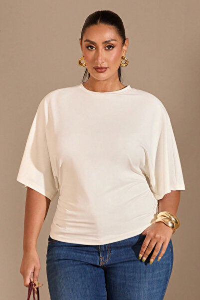 BLUE STREET Plus Size Casual Solid Color Gathered Waist Wide Sleeve T-Shirt