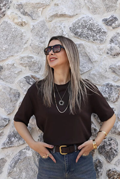 bytugcekaya Καφέ Χοντρό Βασικό Μπλουζάκι με Γιακά