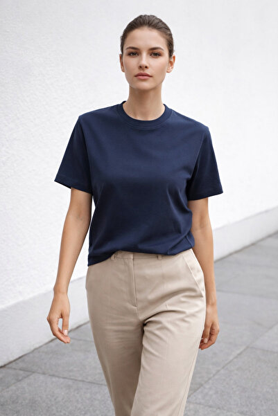 Polo State Women's Basic Crew Neck Cotton Lycra T-Shirt – Navy Blue