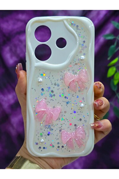 Magic Ring OPPO A3 Uyumlu Pembe Fiyonk & İnci Detaylı Simli Epoksi Telefon Kı...