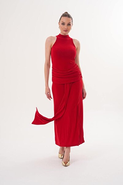 maf collection Women's Turtleneck Red Slit Long Evening Dress Graduation Dress