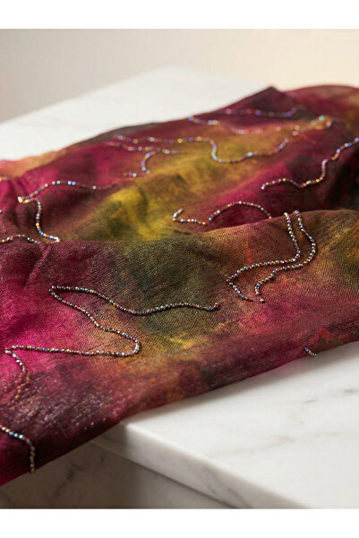 METERİAL قماش شيفون فيوشيا وخردلي وبني بنمط تاي داي مع خرز - قطعة 3.25 متر