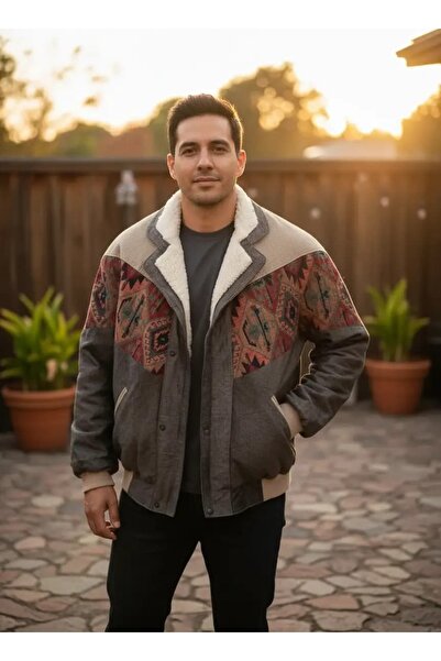 CANMODA (7920) Recien Unisex Fur Collar Vintage Aztec Jacket Oversize 90S Coa...