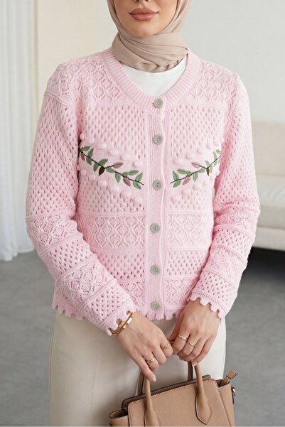 Modamorfo Buttoned Front, Embroidered, Openwork Knitwear Cardigan - Pink