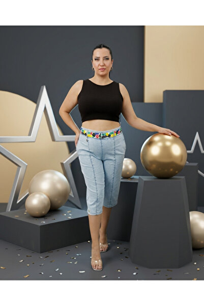 ZANESSI Γυναικείο τζιν κάπρι μεγάλου μεγέθους με ζώνη, ψηλόμεσο, φαρδιά μπατζ...