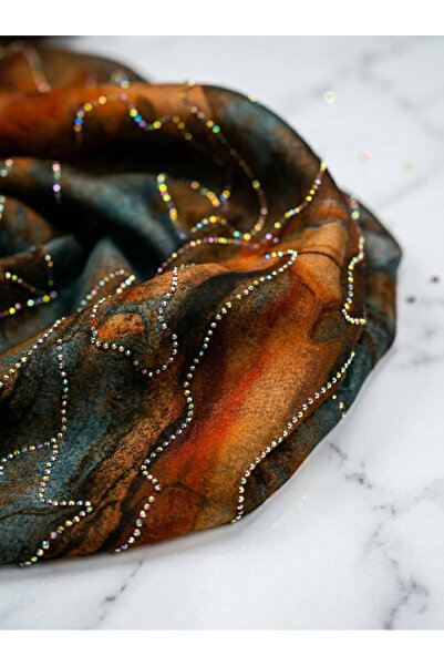 METERİAL Abstract Patterned Brown Copper Turquoise Chiffon Fabric with Shiny ...