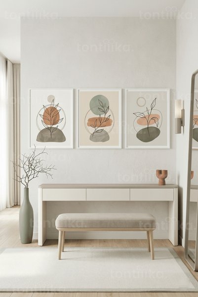 Tontilika Modern Bohem Bitki Motifleri 3’lü Ahşap Çerçeveli Tablo Seti