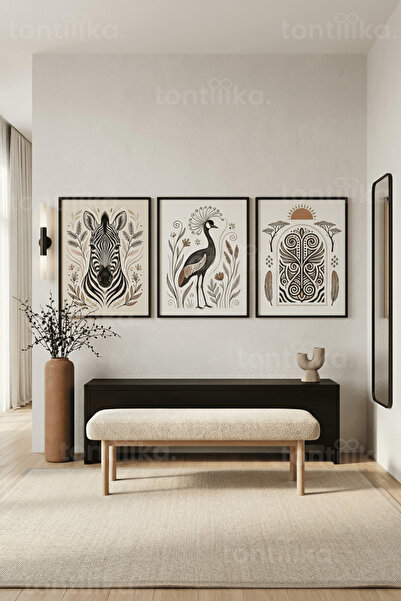 Tontilika Modern Safari Zebra ve Afrika Turna Kuşu Temalı 3’lü Ahşap Çerçevel...