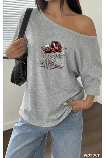 FUFLUNS ΓΥΝΑΙΚΕΙΟ OVERSIZE T-SHIRT ΜΕ ΣΤΑΜΠΑ ΛΟΥΛΟΥΔΙΩΝ ΚΑΙ ΜΙΚΡΩΝ ΠΕΤΑΛΟΥΔΩΝ...