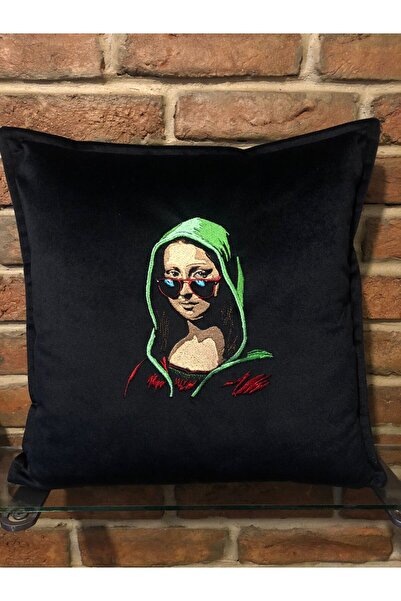 harmony factory Black Throw Pillow Cover with Mona Lisa Embroidery Decorative...
