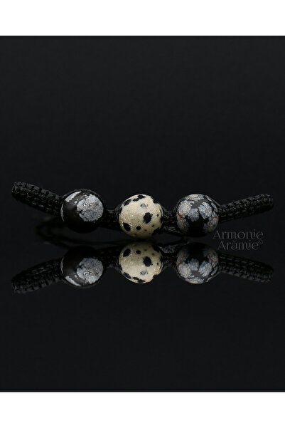 Armonie Arămie Brățară micromacrame cu jasp dalmațian și obsidian fulg de zăp...