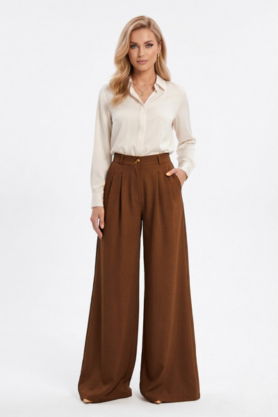 LEY COLLECTİON Γυναικείο παντελόνι με φαρδιά μπατζάκια, διπλό πλισέ και ελαστ...