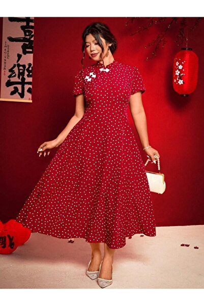 Iuliashop Eleonore Red Midi Dress with White Polka Dots - Plus Sizes - 44