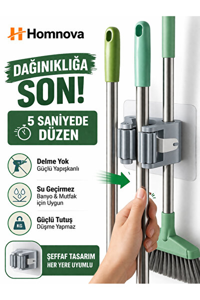Homnova Yapışkanlı Süpürge & Mop Tutucu | Delme Yok • Güçlü Duvar Askısı 4 ADET