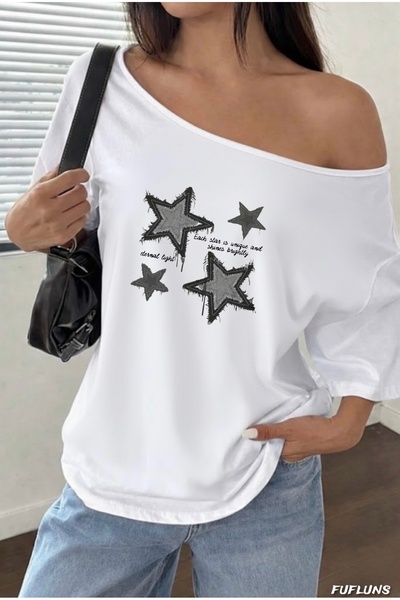 FUFLUNS ΓΥΝΑΙΚΕΙΟ ΜΠΛΟΥΖΑΚΙ OVERSIZE ΜΕ ΣΤΑΜΠΑ ΚΑΙ ΓΡΑΜΜΑΤΑ ΣΕ ΣΧΕΔΙΟ ΑΣΤΕΡΙΑ