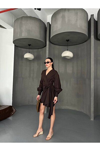 LOKADI Belted and Flounce Sleeve Mini Double-Breasted Dress - Anthracite / Plum