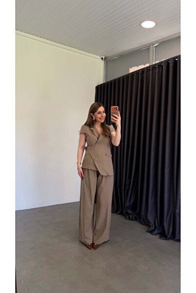elif teke Prime Bağlamalı Kısa Kol Ceketli Takım Vizon