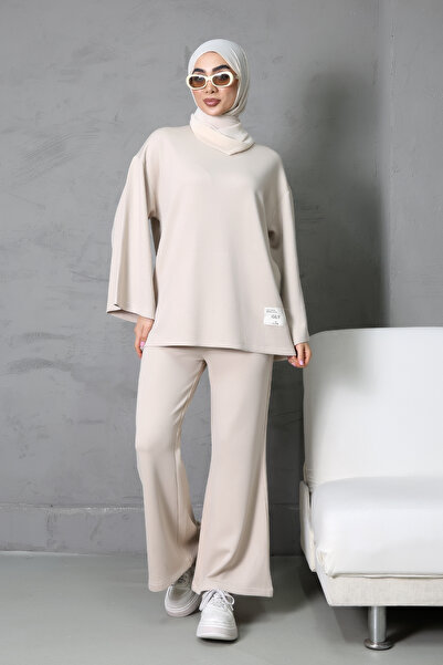 GiyimModum Kadın Krem Modal Kumaş 2'li Eşofman Takımı Rahat & Şık