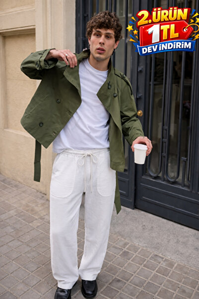 DAMGA JEANS Men's Trend Low Waist Loose White Linen Trousers