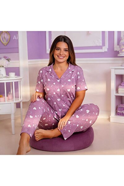 NiCe İç Giyim Μεγάλο μέγεθος Μωβ χρώμα με σχέδιο καρδιάς Κοντομάνικο πουκάμισ...