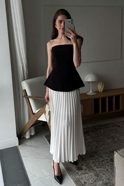 thesunfyre Women's Elastic Waist Plain Pleated Maxi Skirt