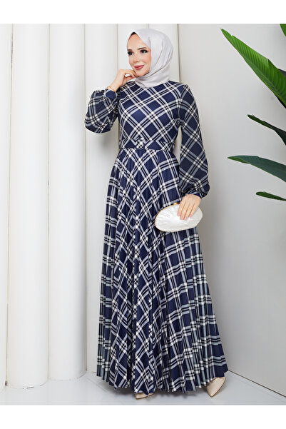 nisanurfashion Dijital Baskılı Ekose Desenli Lacivert Pliseli Elbise