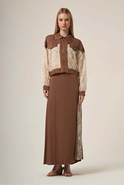 FTZ WOMEN Women's Mesh Detail Skirt Suit Brown 31341