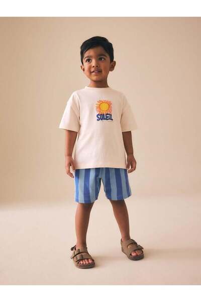 Magu Boy's Cotton Ecru Sun Print T-Shirt Shorts Set - Blue Striped