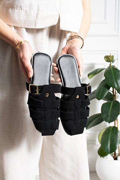 StWenn Women's Buckle-Strapped Knitted Band Casual Slippers Comfortable Sole ...