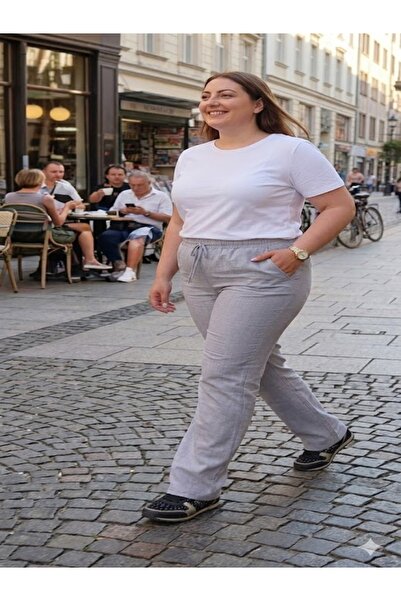 aryam butik Plus Size Women's Comfortable Fit Linen Trousers Casual Lace-Up w...