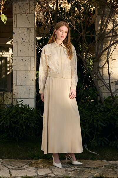 FTZ WOMEN Women's Mesh Detail Skirt Suit Beige 31341