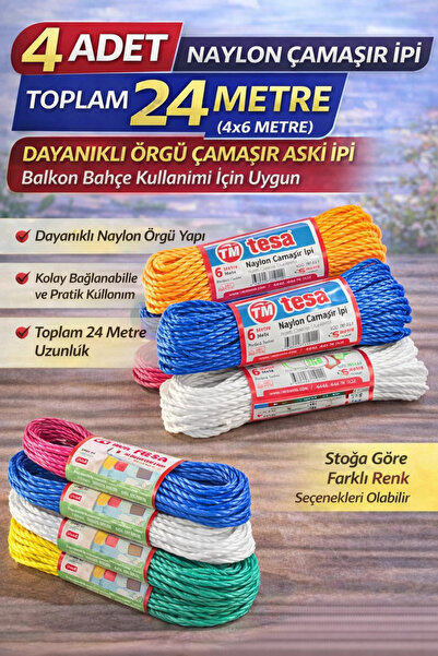 Vexor 4 Adet Naylon Çamaşır İpi 6 Metre Dayanıklı Örgü Çamaşır Askı İpi Topla...