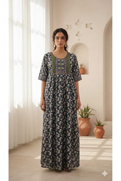 Maison Emarat All Over Floral Printed Jalabiya with embroidery on the yoke