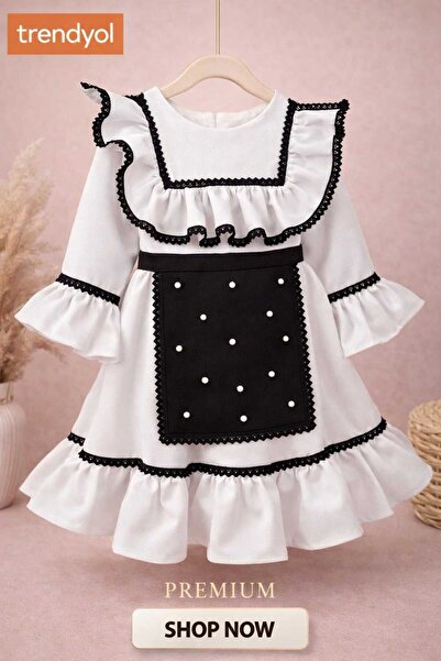OEM traditional white dress, cotton lace, detachable apron with pearls, handmade