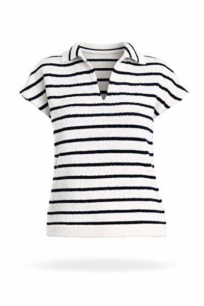 5in1Canpolat White Polo Collar Striped Knitwear 5224
