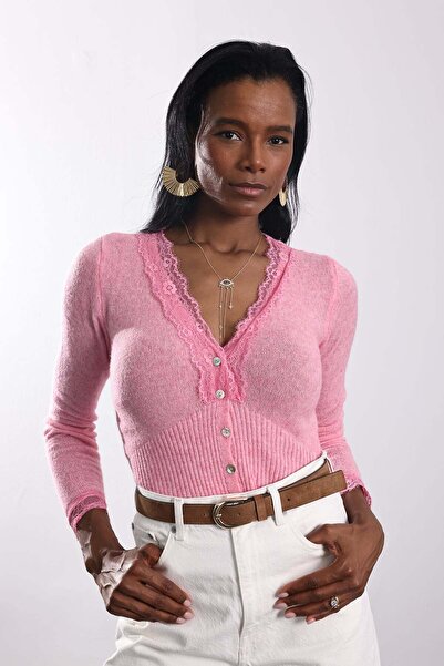 5in1Canpolat Pink Lace V-Neck Cardigan 261013