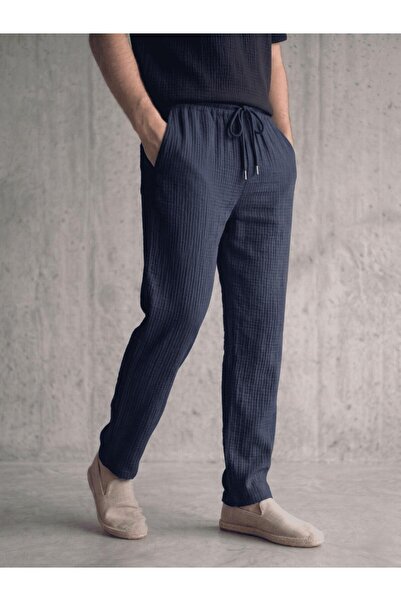 Oksit بنطلون لانز الرجالي من القطن الموسلين |   قصة مريحة، خصر مطاطي ورباطات.