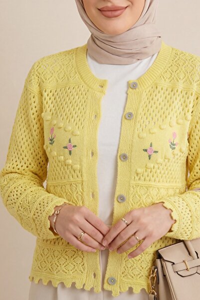 Modamorfo Floral Embroidered Pompom Buttoned Knitwear Cardigan - Yellow