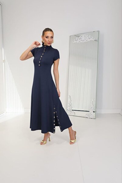 LOKADI Side Button Detailed Polo Collar Ribbed Midi Dress