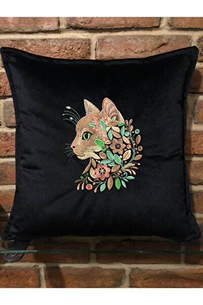 harmony factory Black Velvet Cushion Cover with Embroidered Floral Cat Design...