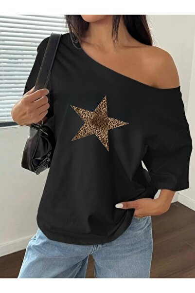 FUFLUNS ΓΥΝΑΙΚΕΙΟ T-SHIRT ΜΕ ΛΕΟΠΑΡ ΣΧΕΔΙΟ ΚΑΙ ΣΤΑΜΠΑ ΑΣΤΕΡΙΩΝ, OVERSIZE, ΜΕ ...