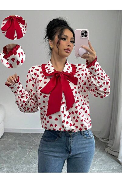 Iuliashop Cămașă de damă Patricia crem cu inimi roșii - M