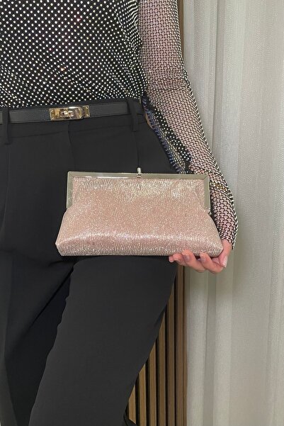 Fibag Kadın Pudra Işıltılı Taşlı Gece Çantası - Şık Metal Detaylı Zincir Askı...