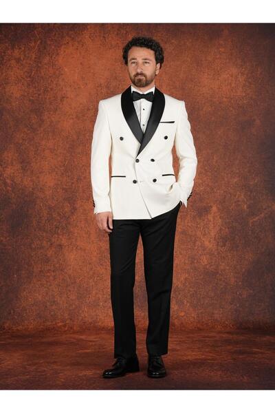 PAREZ Erkek Premium Slim Fit İtalyan Stil Damatlık Smokin Ceket Pantolon Papyon