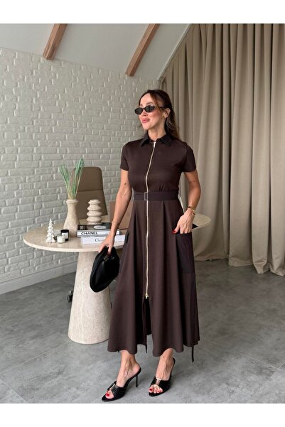 LOKADI Zippered Belted Midi Dress with Cargo Pockets